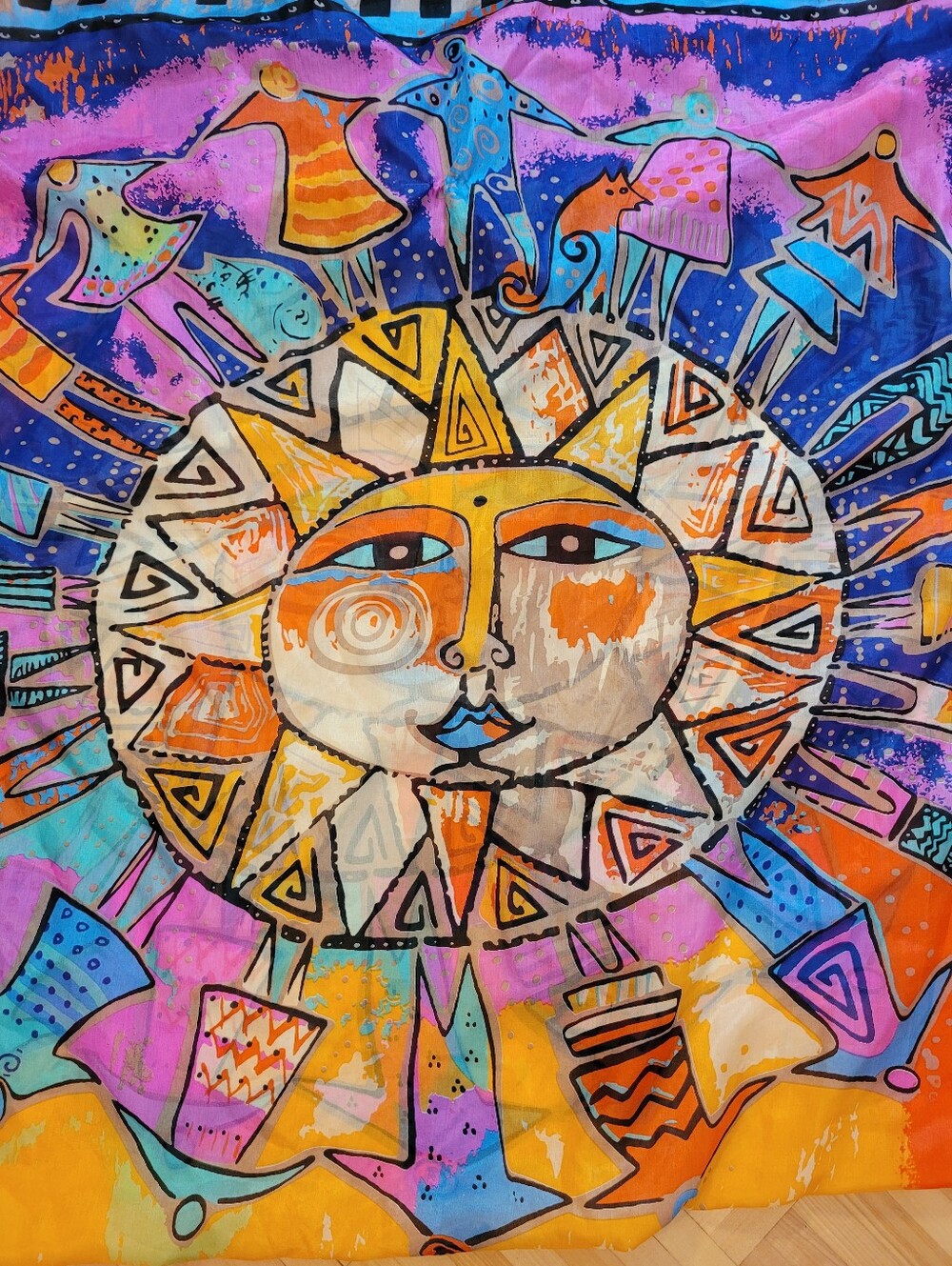 Vintage Laurel Burch Silk Long Scarf Harmony Under the Sun Whimsical 41x69"